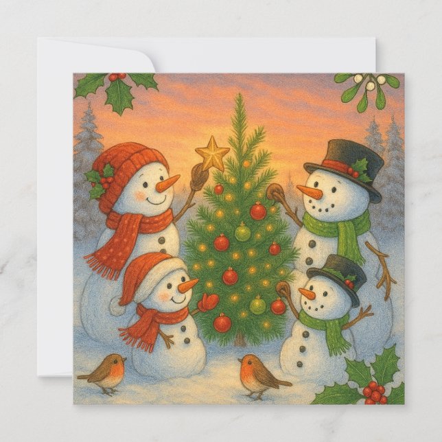 Cartes Pour Fêtes Annuelles Christmas Tree Snowman Family In Snowy Sunset (Devant)