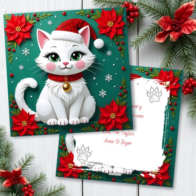 Cartes Pour Fêtes Annuelles Christmas White Cat in Santa Hat Holiday (Créateur téléchargé)