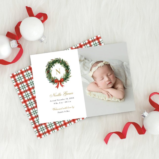 Cartes Pour Fêtes Annuelles Christmas Wreath Newborn Girl Birth Photo (Créateur téléchargé)