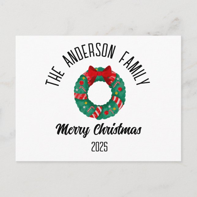 Cartes Pour Fêtes Annuelles Christmas Wreath Red Bow Lights Personalized Name (Devant)