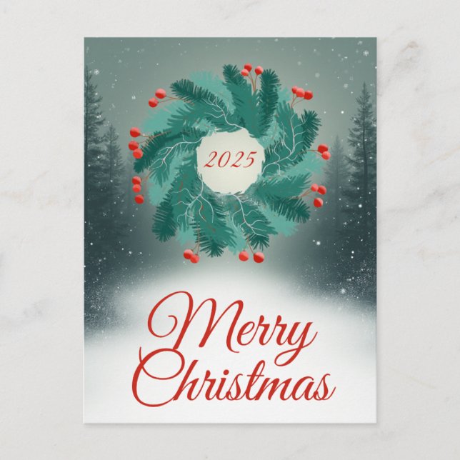 Cartes Pour Fêtes Annuelles Christmas Wreath with Red Berries and Forest (Devant)