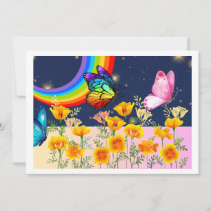 Cartes Pour Fêtes Annuelles Ciel nocturne, arc-en-ciel, papillons et fleurs