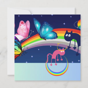 Cartes Pour Fêtes Annuelles Ciel nocturne, deux chats, papillons et un arc-en-