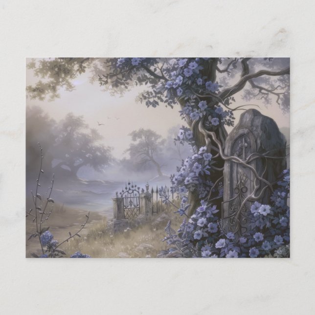 Cartes Pour Fêtes Annuelles Cimetière Graveyard Bleu Floral Belle Halloween (Devant)
