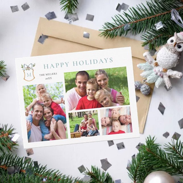 Cartes Pour Fêtes Annuelles Cimier monogramme bleu 4 Vacances photo (Créateur téléchargé)