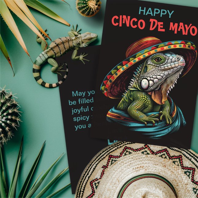 Cartes Pour Fêtes Annuelles Cinco de Mayo Iguana portant Sombrero & Serape (Créateur téléchargé)