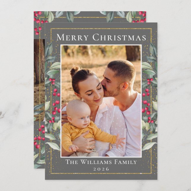 Cartes Pour Fêtes Annuelles Cinereous Gold Christmas Holly Berries 2 Photo (Devant / Derrière)