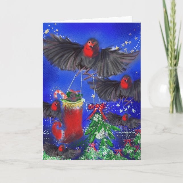 Cartes Pour Fêtes Annuelles Cinq Robins avec Mistletoe et Xmas bas (Devant)