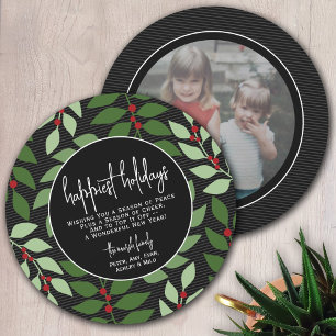 Cartes Pour Fêtes Annuelles Circle Photo Back - Black Green Botanical Happiest