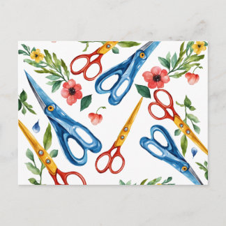 Cartes Pour Fêtes Annuelles Ciseaux à l'aquarelle & motif sans fin de fleurs s
