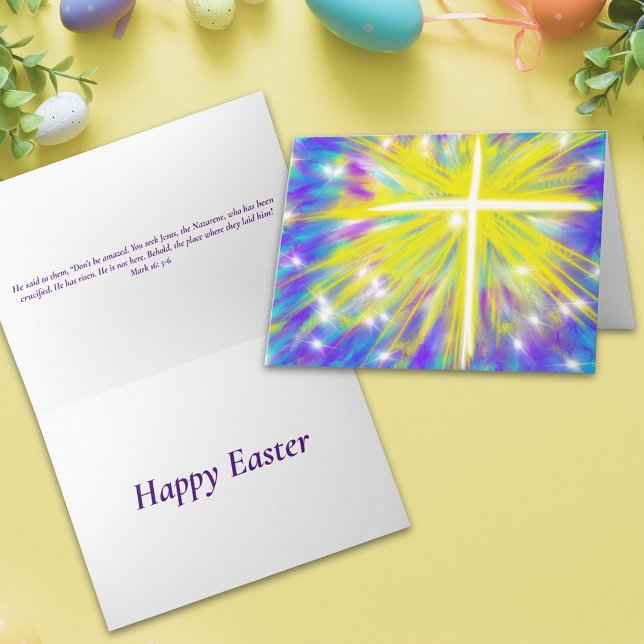 Cartes Pour Fêtes Annuelles Citation biblique croisée de la résurrection de Pâ (Happy easter abstract art resurrection cross religious folded holiday card Bible quote )