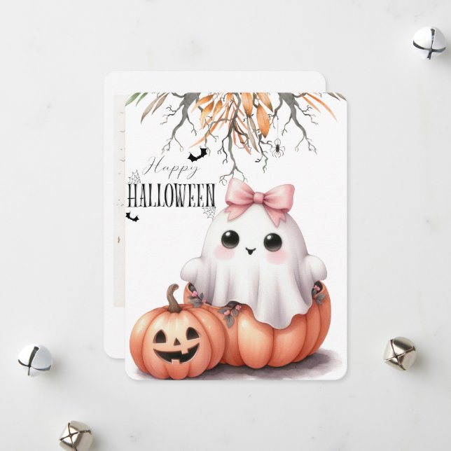 Cartes Pour Fêtes Annuelles Citrouille Chauve-Souris Fantôme Mignonne Hallowee (Devant/Arrière en situation)