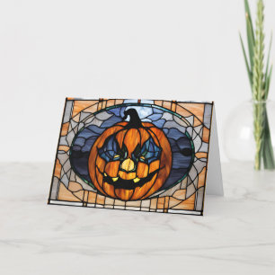Cartes Pour Fêtes Annuelles Citrouille d'Halloween effrayante en vitrail 