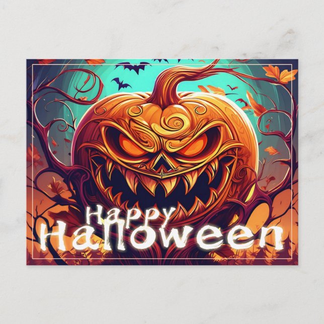 Cartes Pour Fêtes Annuelles Citrouille orange effrayant avec visage, Halloween (Devant)