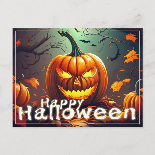 Cartes Pour Fêtes Annuelles Citrouille orange effrayant avec visage, Halloween (Devant)