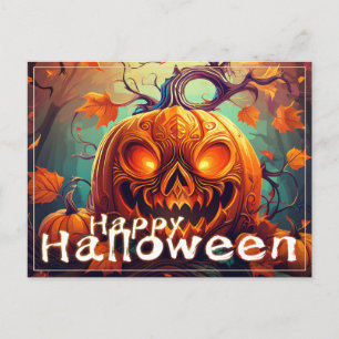 Cartes Pour Fêtes Annuelles Citrouille orange effrayante avec visage, Hallowee