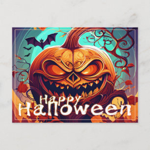 Cartes Pour Fêtes Annuelles Citrouille orange effrayante avec visage, Hallowee
