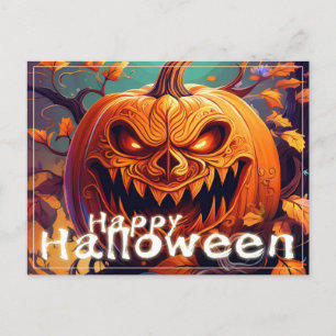 Cartes Pour Fêtes Annuelles Citrouille orange effrayante avec visage, Hallowee