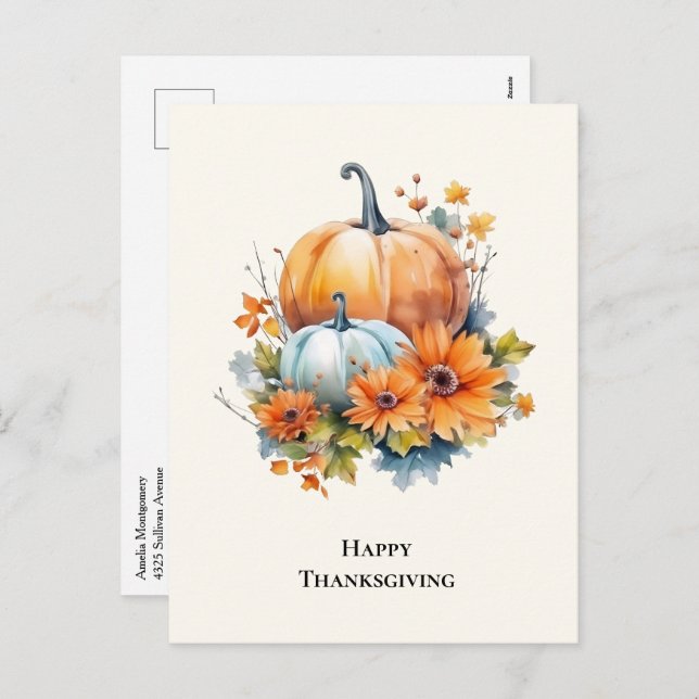 Cartes Pour Fêtes Annuelles Citrouilles d'automne avec fleurs Thanksgiving (Devant / Derrière)
