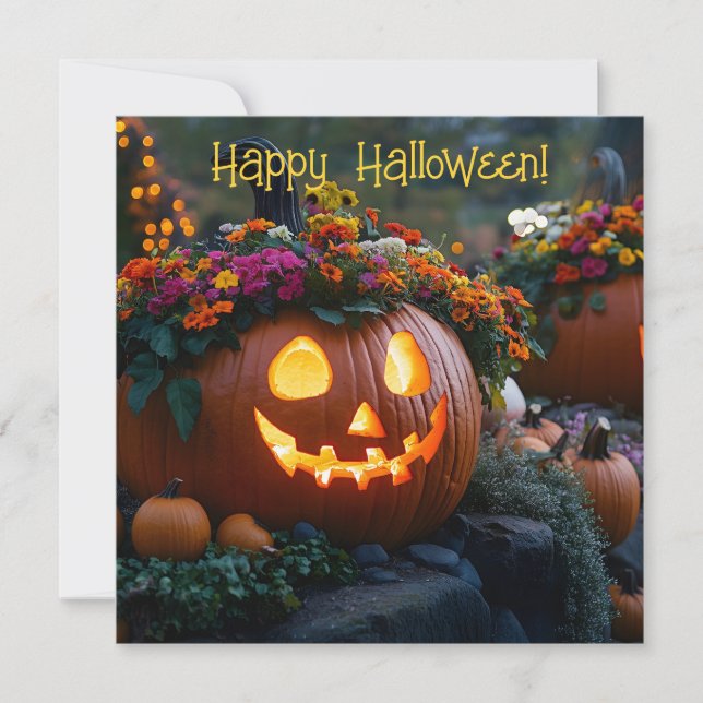 Cartes Pour Fêtes Annuelles Citrouilles d'Halloween sculptés décorés de fleurs (Devant)