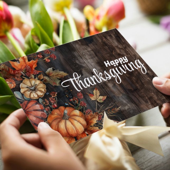 Cartes Pour Fêtes Annuelles Citrouilles en bois et feuilles Joyeux Thanksgivin (Créateur téléchargé)