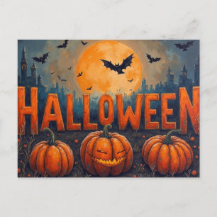 Cartes Pour Fêtes Annuelles Citrouilles et chauves-souris sous la pleine lune 