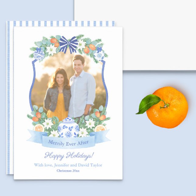Cartes Pour Fêtes Annuelles Citrus Bleu Et Blanc Notre première photo de Noël (This Holidays photocard features a blue and white crest with watercolor greenery and citrus motifs)