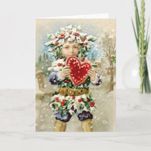 Cartes Pour Fêtes Annuelles Clapsaddle : Garçon de houx avec le coeur
