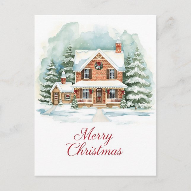 Cartes Pour Fêtes Annuelles Classic Brick Home in Snowy Christmas Setting (Devant)