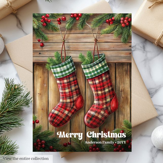 Cartes Pour Fêtes Annuelles Classic Christmas stocking rustic holly berries (Classic Christmas bells rustic holly berries greeting)