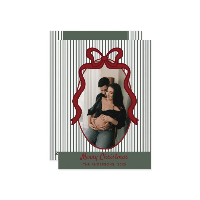 Cartes Pour Fêtes Annuelles Classic Dark Green Stripes & Red Bow Christmas (Devant/Arrière en situation)