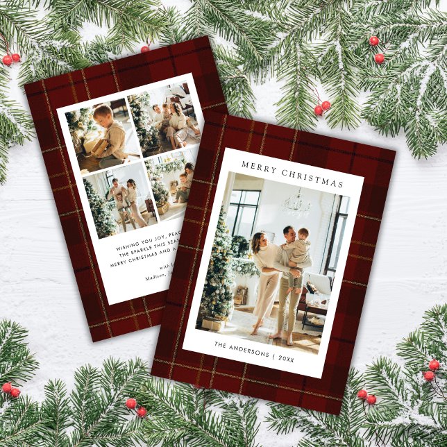 Cartes Pour Fêtes Annuelles Classic Festive Red Plaid 5 Photo Christmas (Créateur téléchargé)