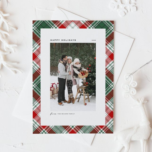 Cartes Pour Fêtes Annuelles Classic Green Plaid Motif Joyeux jours fériés Phot (Classic Green and Red Plaid Pattern Photo Holiday Card)