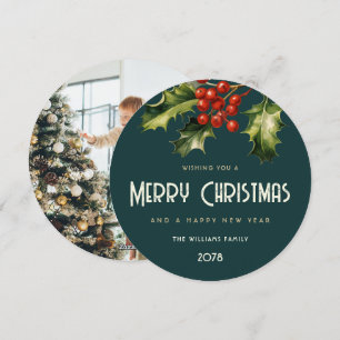 Cartes Pour Fêtes Annuelles Classic Holly Red Berries Élégante photo verte