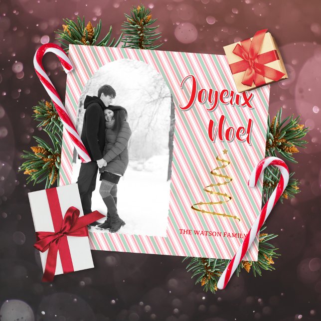 Cartes Pour Fêtes Annuelles Classic Joyeux Noel Green Red Stripes Christmas (Classic Christmas photo holiday card to customize)
