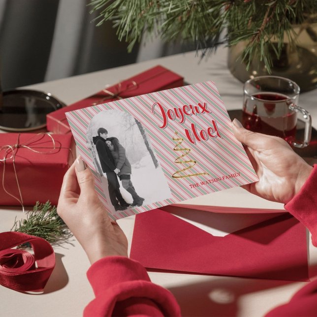 Cartes Pour Fêtes Annuelles Classic Joyeux Noel Green Red Stripes Christmas (Personalize this Classic Christmas holiday postcard and send it to all your friends and loved ones!)