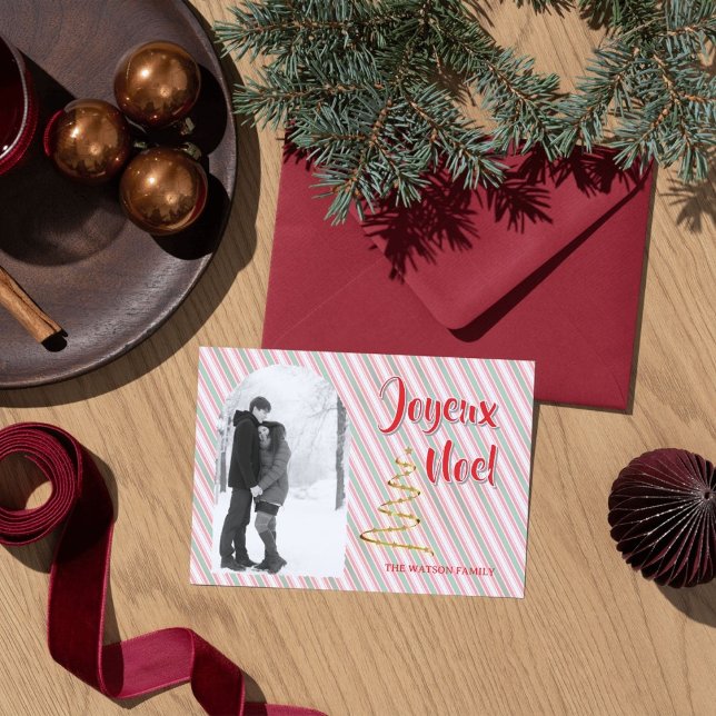 Cartes Pour Fêtes Annuelles Classic Joyeux Noel Green Red Stripes Christmas (Spread the joy of the season with this customizable Classic Christmas photo holiday card. )