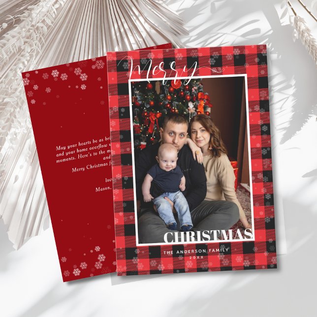 Cartes Pour Fêtes Annuelles Classic Red Buffalo Plaid Snow Photo Christmas  (Créateur téléchargé)
