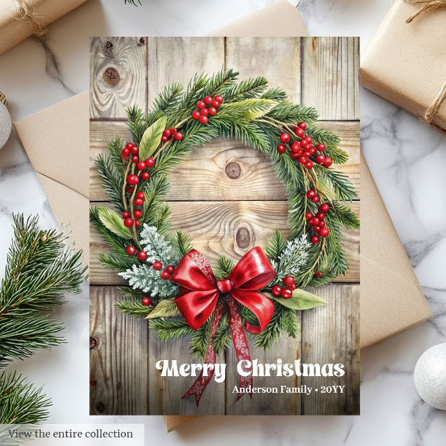 Cartes Pour Fêtes Annuelles Classic rustic Christmas pine wreath holly berries (Classic rustic Christmas pine wreath holly berries Holiday Card)