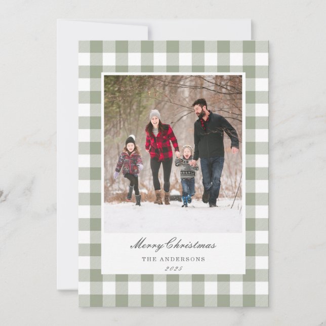 Cartes Pour Fêtes Annuelles Classic Sage Gingham Two Sided Family Photo (Devant)