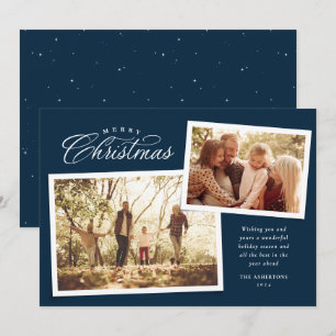 Cartes Pour Fêtes Annuelles Classique Joyeux Noël script deux photos bleu mari