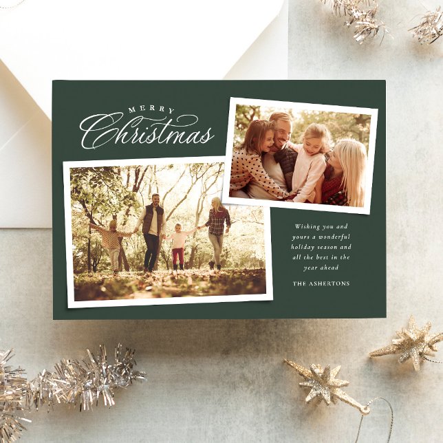 Cartes Pour Fêtes Annuelles Classique Joyeux Noël script deux photos vert (Créateur téléchargé)