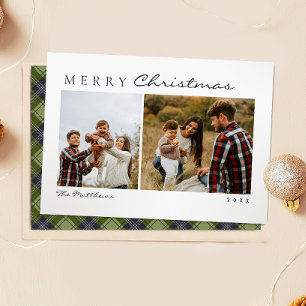 Cartes Pour Fêtes Annuelles Classique Simple Vert Plaid Famille Photo Noël