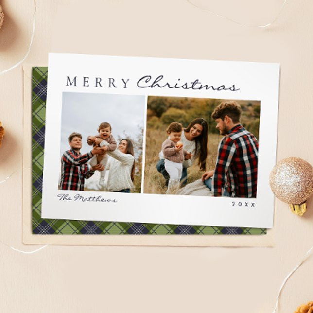 Cartes Pour Fêtes Annuelles Classique Simple Vert Plaid Famille Photo Noël (Créateur téléchargé)