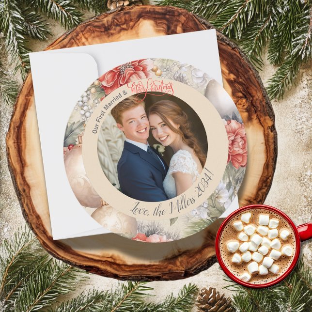 Cartes Pour Fêtes Annuelles Classy Circle Notre première photo de Noël Mariée (Créateur téléchargé)