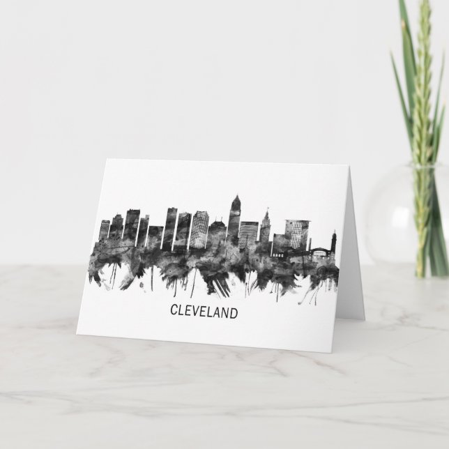 Cartes Pour Fêtes Annuelles Cleveland Ohio Skyline BW (Devant)