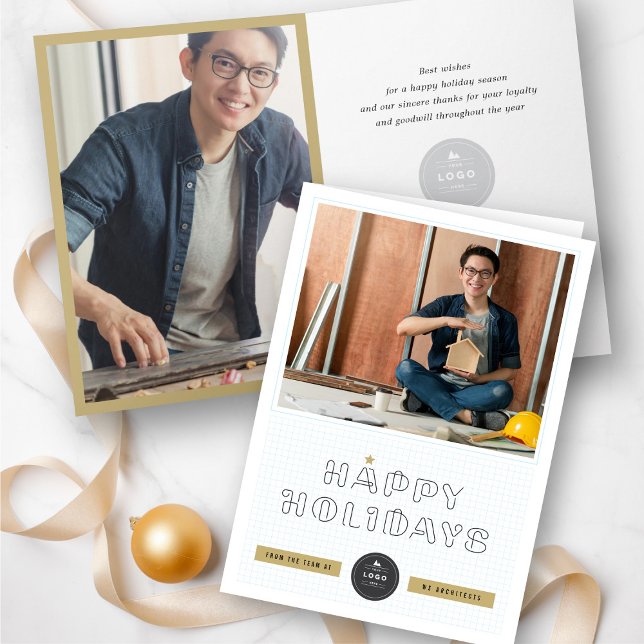 Cartes Pour Fêtes Annuelles Clips papier Joyeux Vacances Blue Grids Business (Créateur téléchargé)