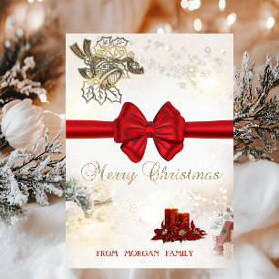 Cartes Pour Fêtes Annuelles Cloche de Noël en or chic,Bougies,Nœud rouge