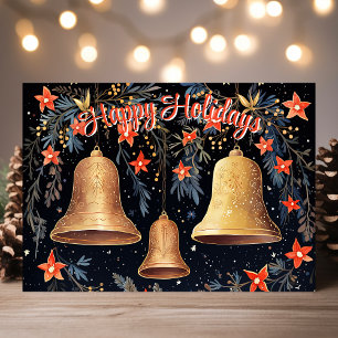 Cartes Pour Fêtes Annuelles Cloche dorée vintage et Joyeuses Fêtes florales