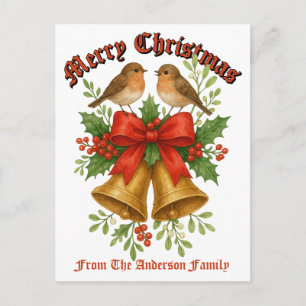 Cartes Pour Fêtes Annuelles Cloches de Noël, oiseaux, nœud, houx et gui